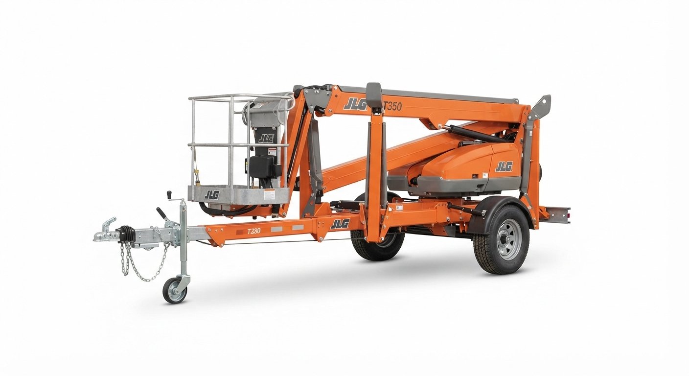 JLG T350 towable boom lift with the boom folded, 34 ft 5 in maximum platform height
